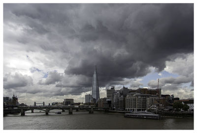 Panoramic view of buildings and river against cloudy sky