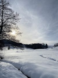 Scenic view of snow covered landscape against sky