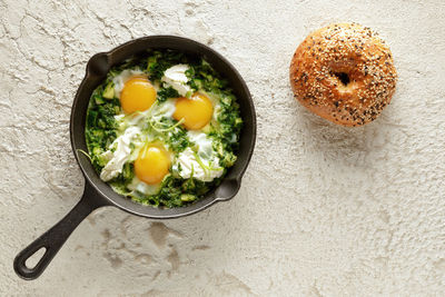 High angle view of food in bowl on table