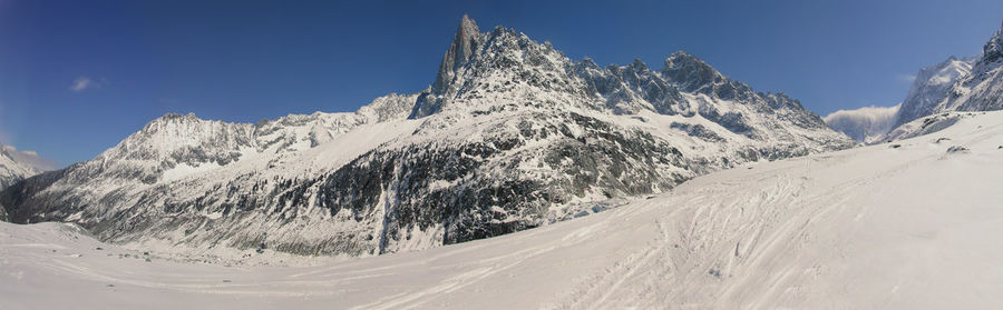 Scenic view of snowcapped mountains against clear sky