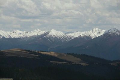 Scenic view of snow covered mountains against sky