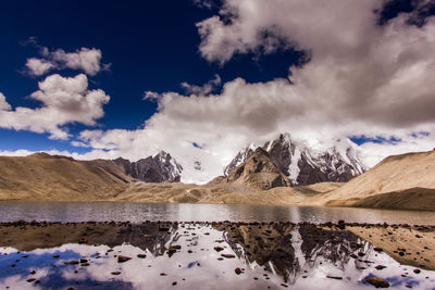 Scenic view of himalayas reflecting on gurudongmar lake against sky