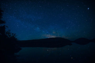 Scenic view of sea and mountains against star field in sky at night