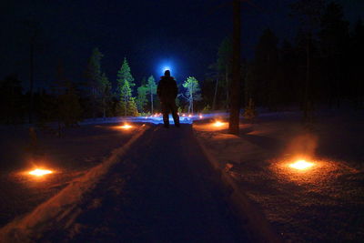 Rear view of silhouette people walking on illuminated street at night