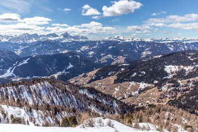 Aerial view of snowcapped mountains against cloudy sky