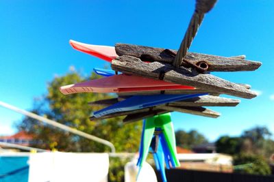 Close-up of toy against blue sky