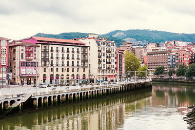 Buildings by river against sky in city