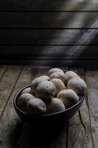 High angle view of mushrooms on table