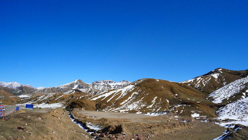 Scenic view of snowcapped mountains against clear blue sky