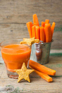 Close-up of orange juice on table