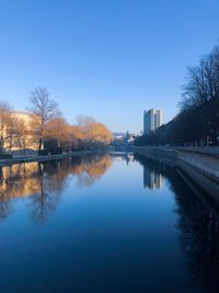 Scenic view of lake against clear blue sky