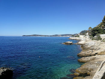 Scenic view of sea against clear blue sky