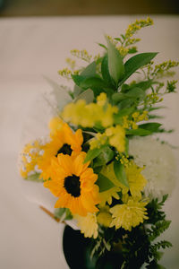 High angle view of yellow flower pot