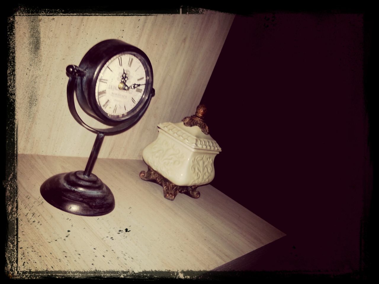 indoors, transfer print, still life, auto post production filter, table, old-fashioned, high angle view, technology, close-up, retro styled, no people, metal, accuracy, clock, wood - material, directly above, day, time, instrument of measurement, spoon
