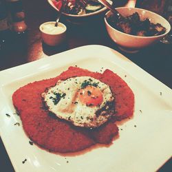 Close-up of breakfast served in plate