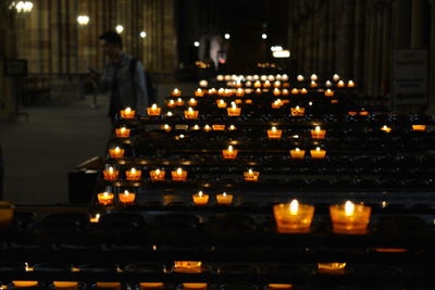 Illuminated tea light candles at temple