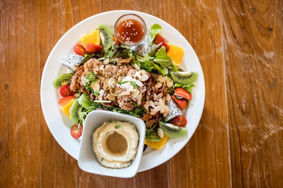 High angle view of meal served on table