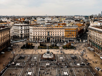 High angle view of city street against sky