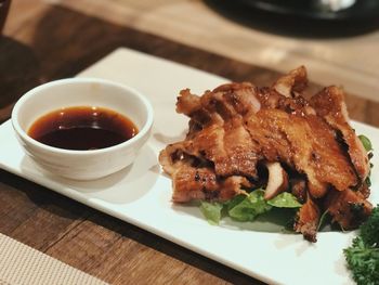 High angle view of food in plate on table