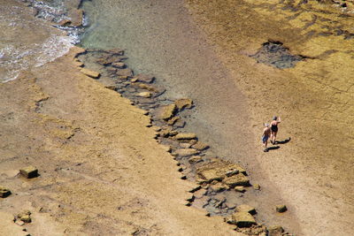 High angle view of man walking on beach