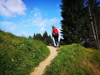 Rear view of mature woman walking on footpath amidst trees against sky