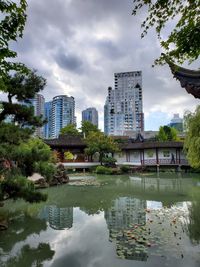 Reflection of buildings in lake against sky