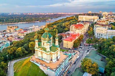 High angle view of townscape and buildings in city