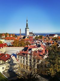 High angle shot of townscape against blue sky