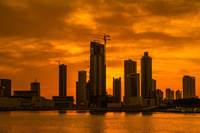 Modern buildings in city against sky during sunset