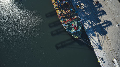 High angle view of boats moored in canal