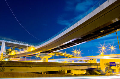 Illuminated bridge against blue sky at night