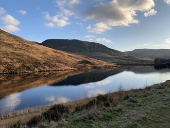 Scenic view of lake and mountains against sky