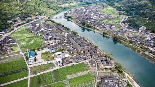High angle view of buildings in city