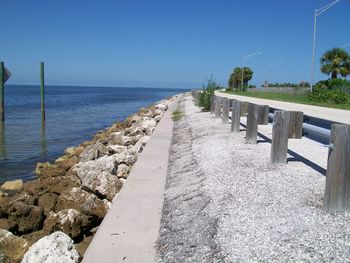 Scenic view of beach against clear blue sky