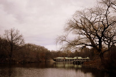 Bare trees by river against sky