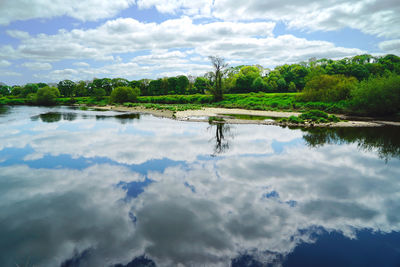 Scenic view of calm lake against cloudy sky