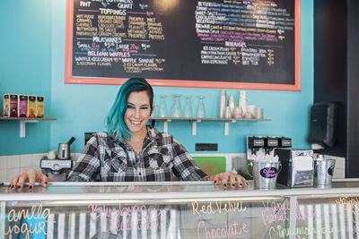 Young woman at ice cream shop.