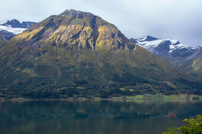 Scenic view of lake by mountains against sky