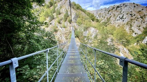 Footbridge amidst trees against mountains