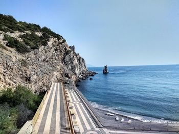 Panoramic view of sea against clear blue sky