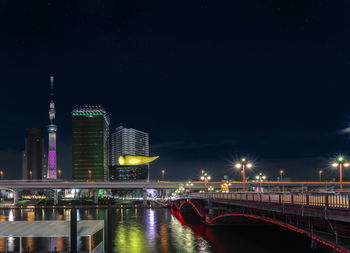 Azuma bridge on sumida river leading to the golden flame  of the asahi beer building at night