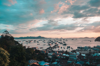 High angle view of townscape against sky during sunset