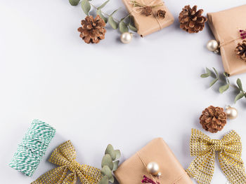 High angle view of christmas decorations on table