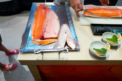 Close-up of sushi served on table