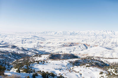 Panorama of the tien shan mountains, which opens from the top of a mountain pass of beldersay