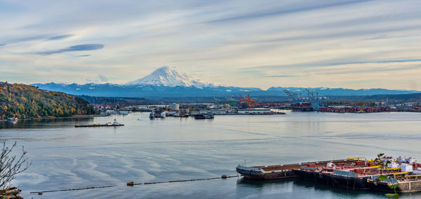The port of tacoma and mount rainier in washington state.