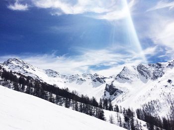 Scenic view of snow covered mountains against sky