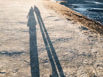 High angle view of shadow on sand at beach