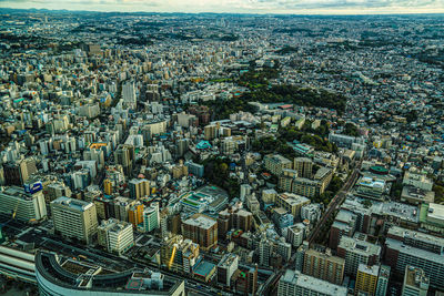 High angle view of modern buildings in city