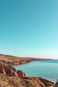 Scenic view of sea against clear blue sky